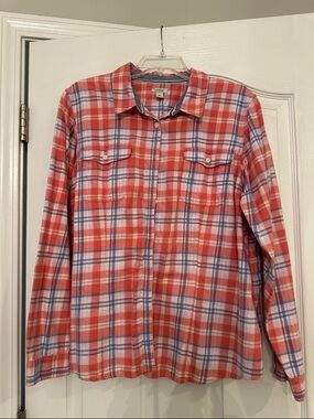 L.L. Bean Coral-Red and Blue Plaid Flannel Button-Up